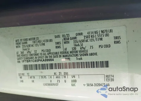 2023 Ford Transit-250 из США, поврежденный, VIN 1FTBR1C85PKA99984